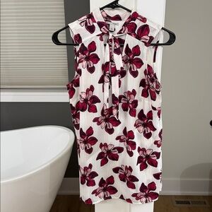 Halogen Blouse White Burgundy Floral Print Tie Neck Sleeveless